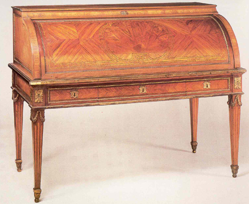 cylinder bureau, secretaire in tulipwood in Louis XVI style
